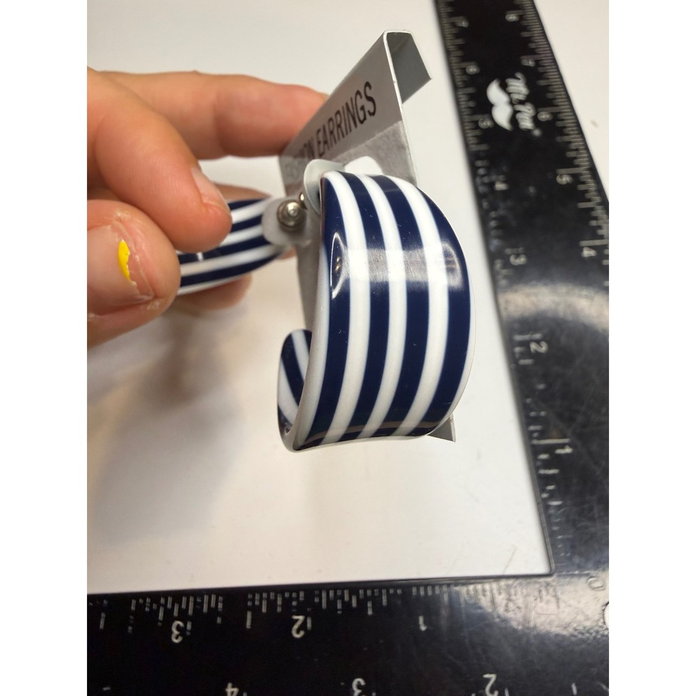Navy Blue White Striped Hoop Earrings Nautical Resin Acrylic C-Hoops Made Taiwan